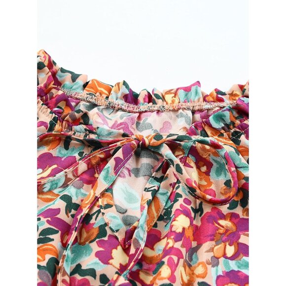 Fall Boho Floral Mini Dress Women Long Sleeve V Neck Smocked Ruffle - Picture 5 of 5